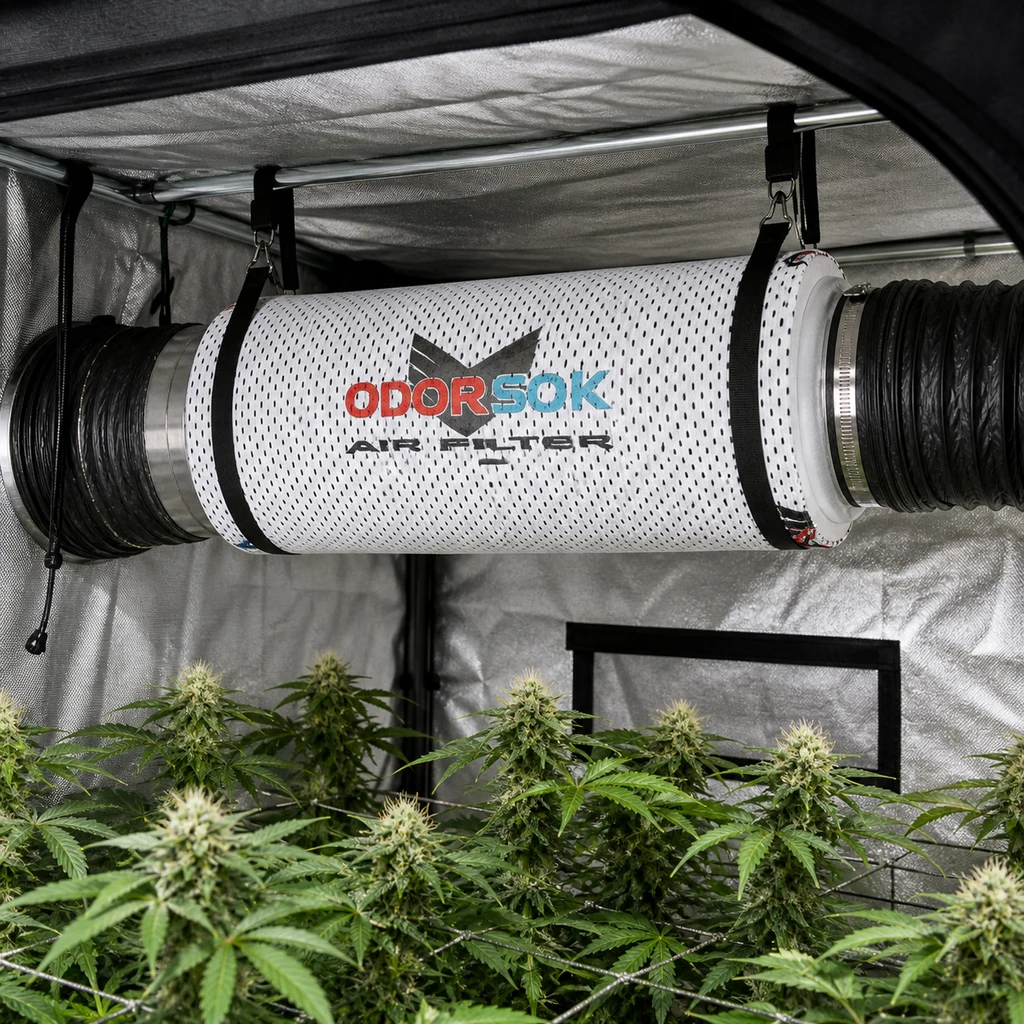 Filtro cilíndrico Odorsok blanco, suspendido con correas y conectado a conductos negros sobre plantas en un armario de cultivo.