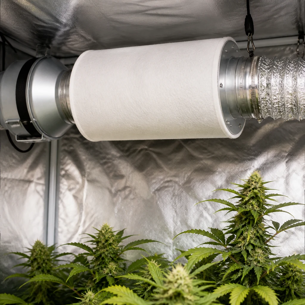 Filtro de carbón Prima Klima con funda blanca, suspendido y conectado a un conducto sobre plantas de cannabis en un armario reflectante.