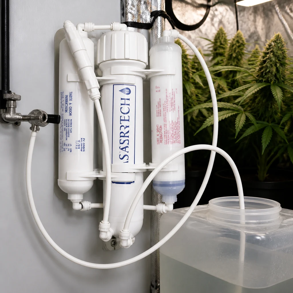 Filtro de ósmosis con carcasas blancas conectado a un grifo y a un recipiente mediante tubos, junto a plantas de cannabis. Filtro de ósmosis con carcasas blancas conectado a un grifo y a un recipiente mediante tubos, junto a plantas de cannabis.