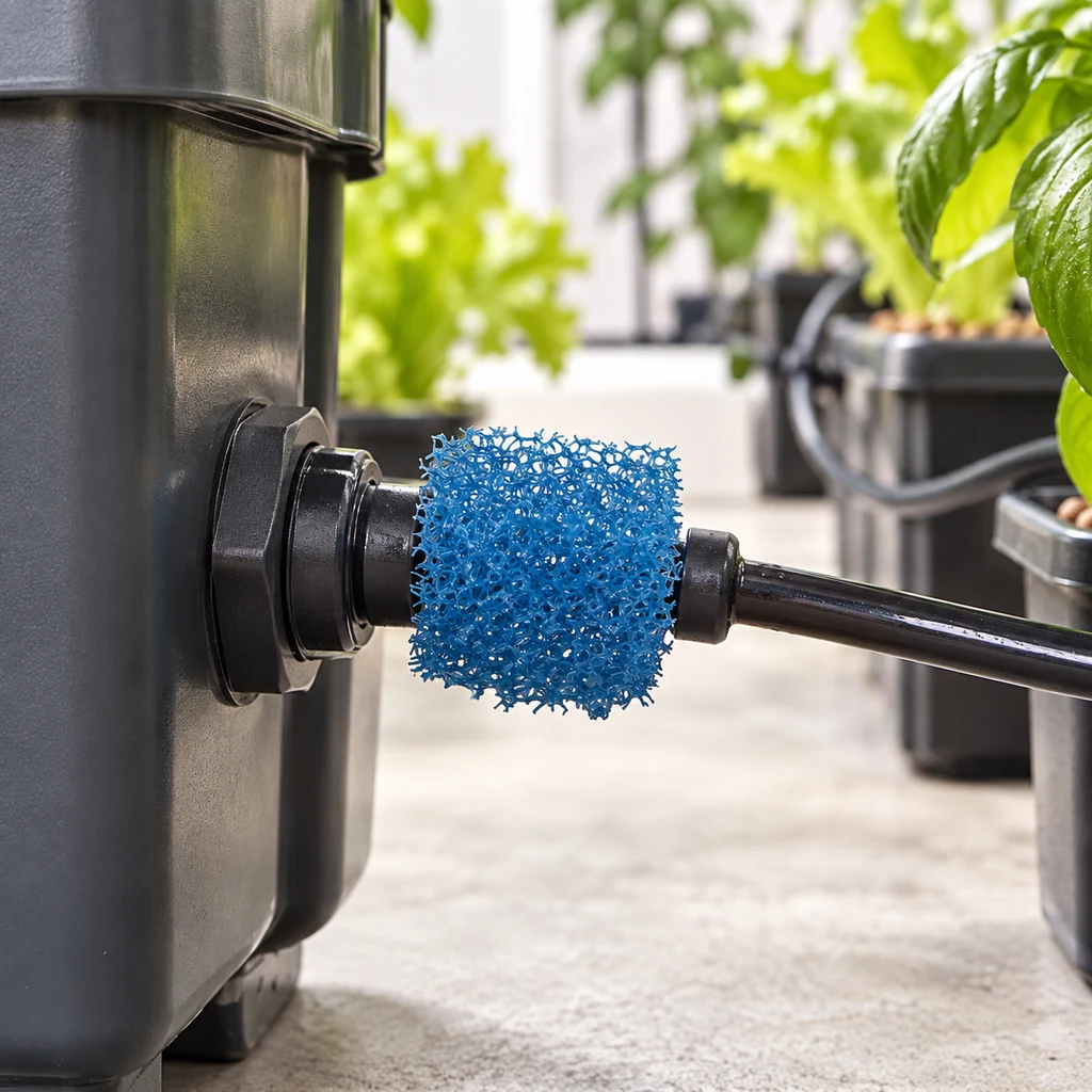 Filtro de repuesto Autopot azul y poroso, colocado en la conexión entre un depósito negro y una manguera, con plantas al fondo.