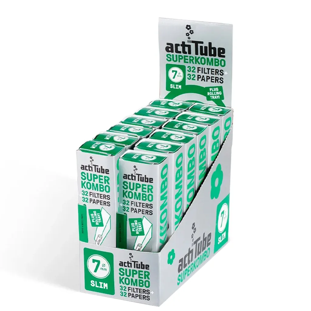 Expositor ActiTube Slim Super Kombo con envases verdes y blancos, rotulados con 7 mm, 32 filtros, 32 papeles y bandeja para liar.