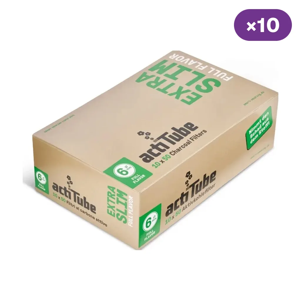 Caja beige y verde de filtros actiTube Extra Slim de carbón activado, con texto «10 × 50» y distintivo morado «×10».
