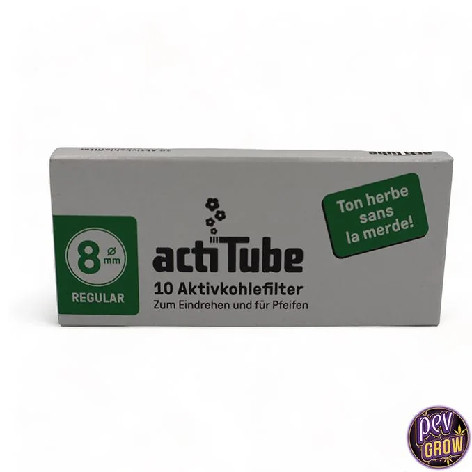 Caja rectangular de filtros actiTube con detalles verdes y las indicaciones 8 mm, Regular y 10 filtros de carbón activo.