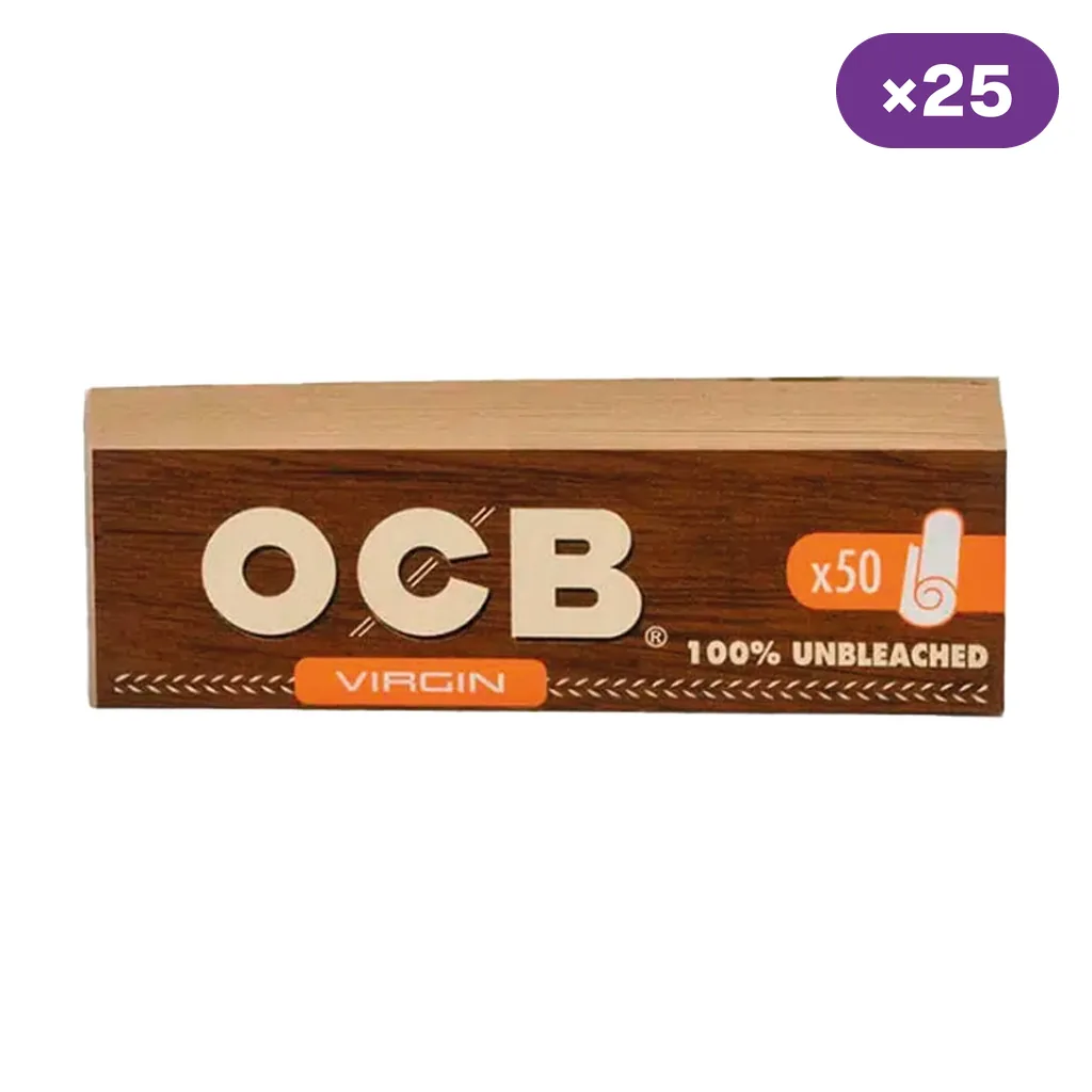 Librillo marrón de filtros OCB Virgin con las inscripciones «100% unbleached» y «x50», y distintivo «x25» en la esquina superior.