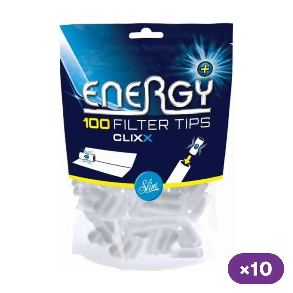 Bolsa Energy Clixx Slim con filtros blancos visibles, texto «100 Filter Tips» e ilustraciones de uso; indicador ×10 en una esquina.