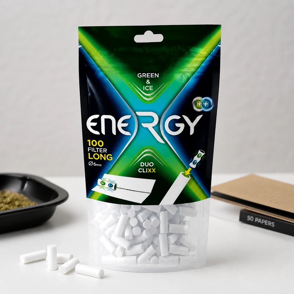 Bolsa de filtros Energy con texto «Green & Ice» y «Duo Clixx», base transparente y varios filtros blancos sueltos delante.