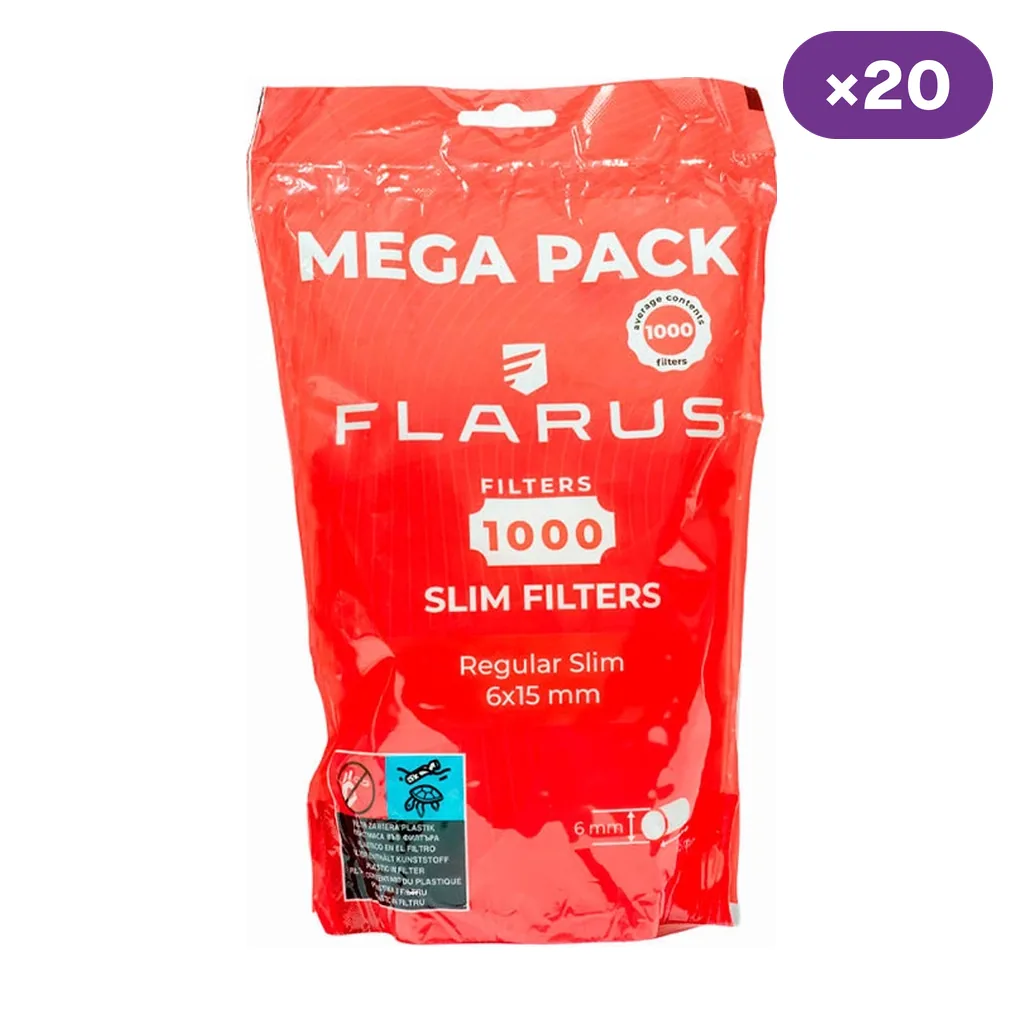 Bolsa roja Flarus Mega Pack con la inscripción «1000 Slim Filters» y un distintivo morado que indica veinte unidades.