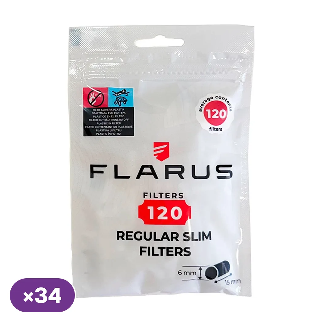Bolsa blanca de filtros Flarus Regular Slim con textos negros y rojos, indicación de 120 filtros y distintivo morado «×34».