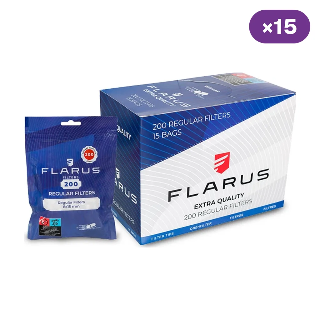 Caja azul y blanca de filtros Flarus Regular junto a una bolsa de 200 filtros, con un distintivo que indica 15 bolsas.