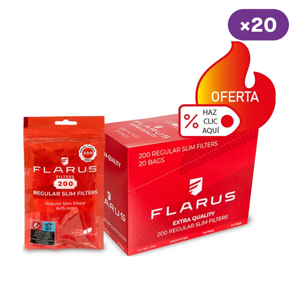 Caja roja de filtros Flarus Slim junto a una bolsa de 200 filtros, con distintivo ×20 y gráfico de oferta en la parte superior.