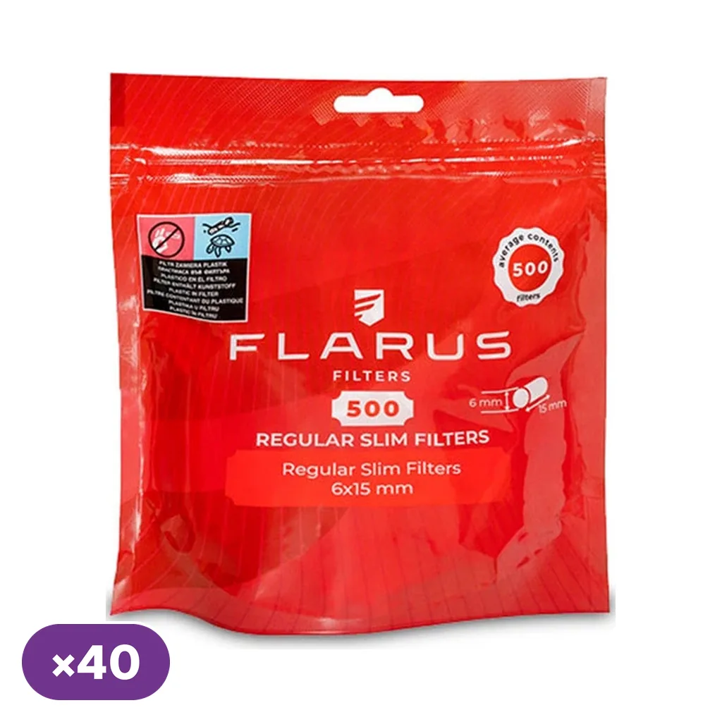Bolsa roja de filtros Flarus con cierre superior y los textos «500» y «Regular Slim Filters», sobre fondo blanco.