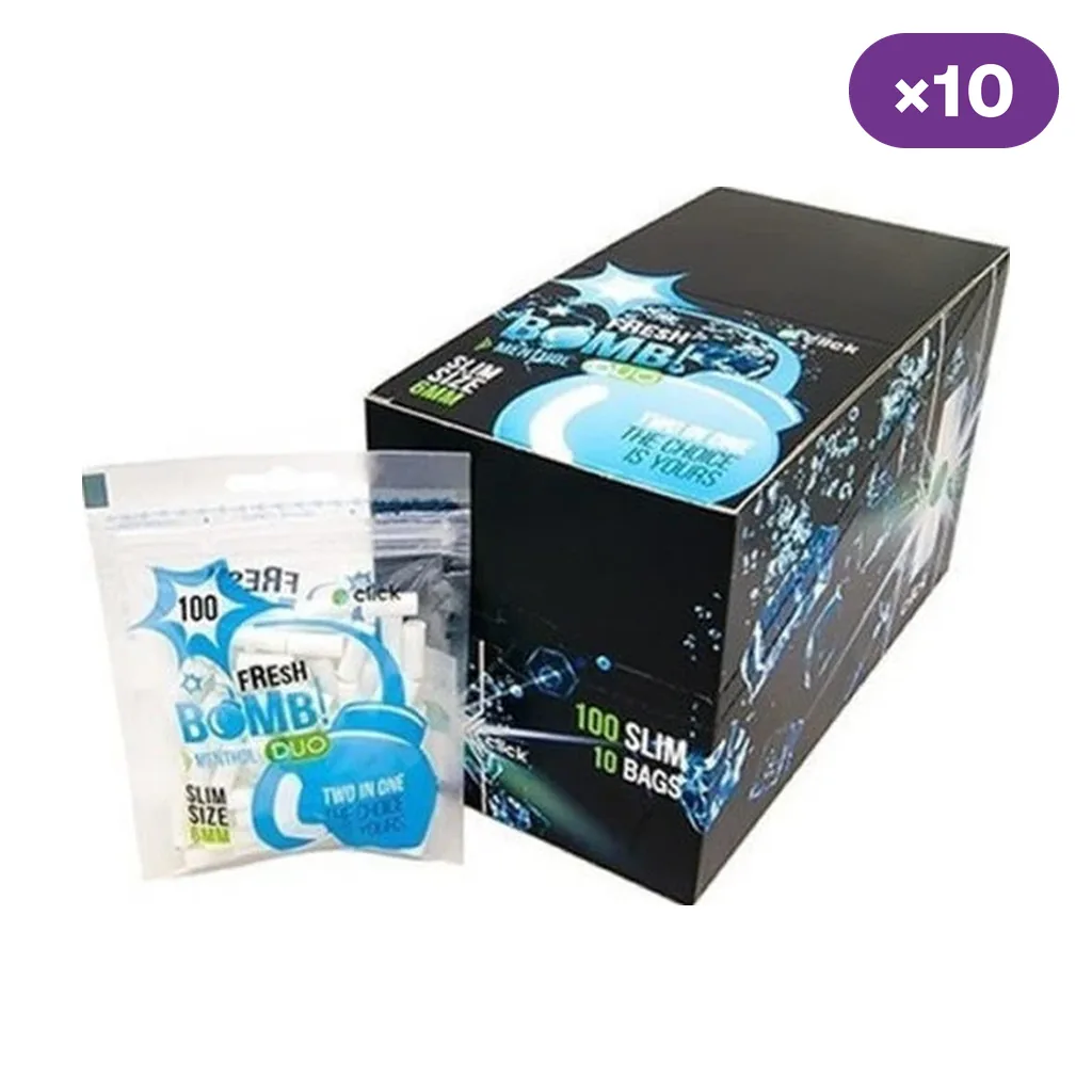 Caja negra y azul de filtros Fresh Bomb Duo junto a una bolsa transparente, con las indicaciones de 100 filtros, 6 mm y 10 bolsas.