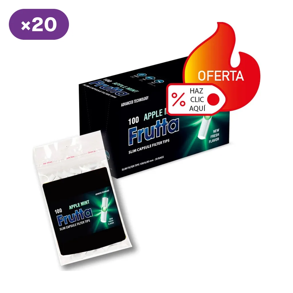 Caja y bolsa de filtros Frutta Apple Mint, con envases negros y verdes, distintivo de 20 unidades y reclamo de oferta.