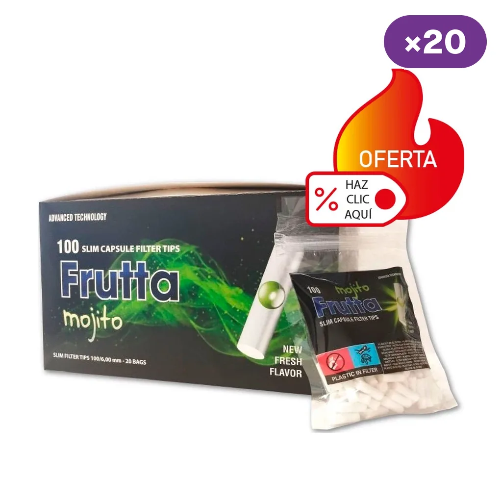 Caja Frutta Mojito y bolsa transparente con filtros blancos de cápsula, junto a un distintivo de 20 unidades de venta.