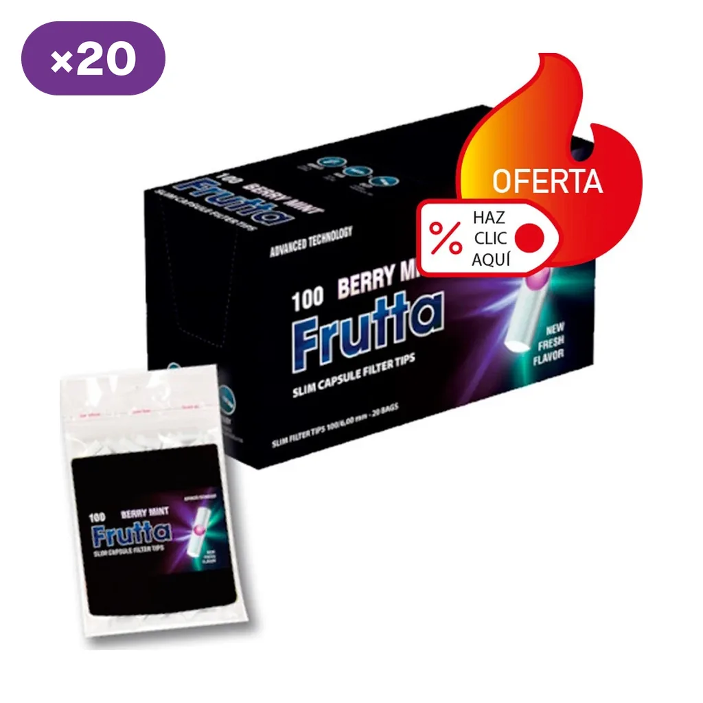 Caja negra de filtros Frutta Berry Mint y una bolsa delante, con indicación de 100 filtros, distintivo «×20» y un gráfico de oferta.