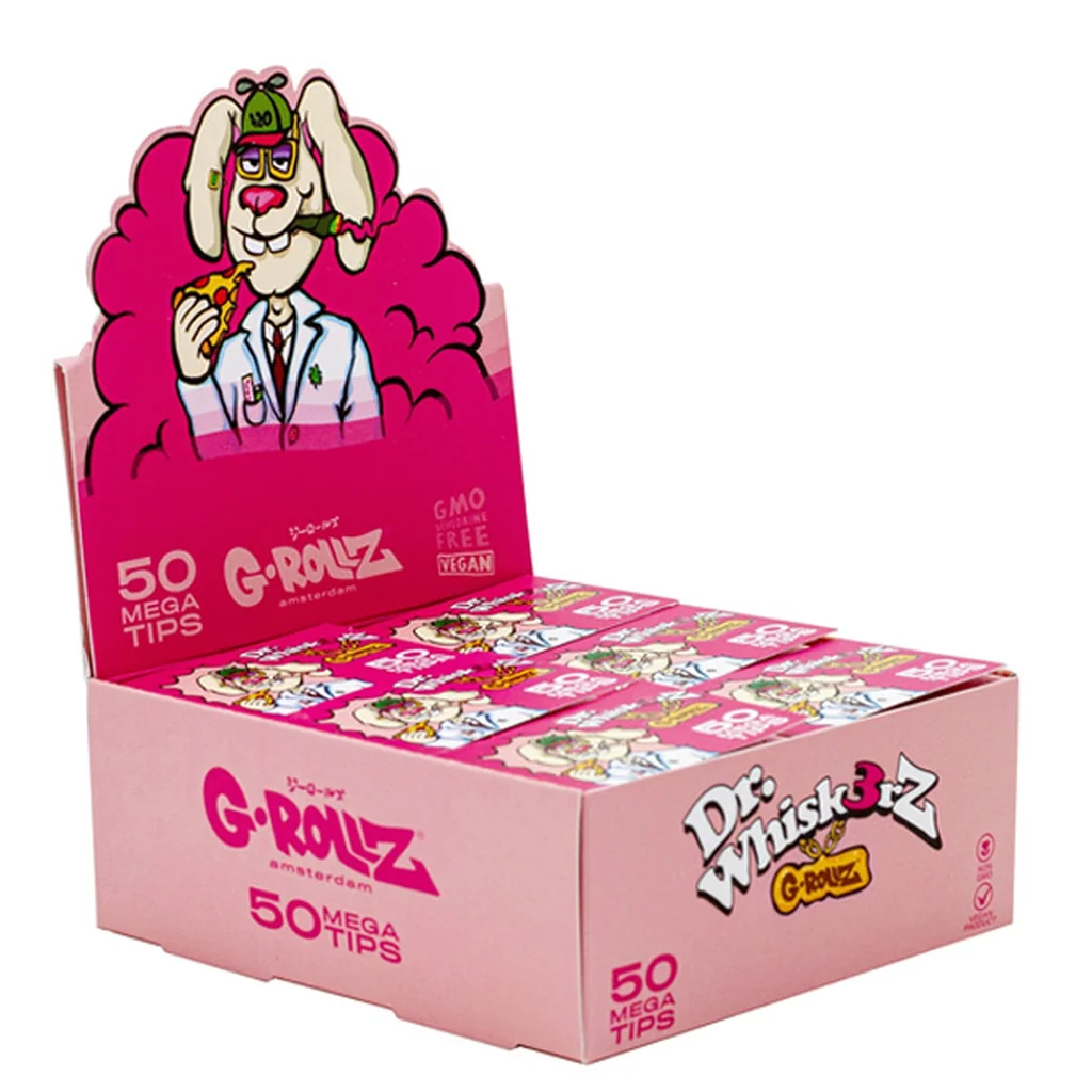 Expositor rosa de filtros G-Rollz Dr. Whisk3rz con varias libretas y un conejo de dibujos animados vestido con bata.