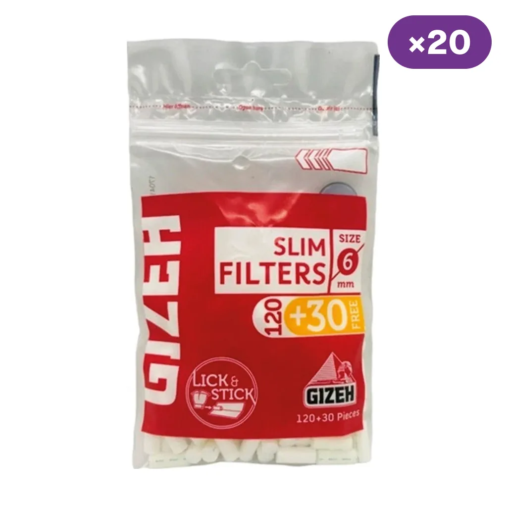 Bolsa de filtros Gizeh Slim de 6 mm con etiqueta roja, indicación de 120 + 30 unidades y distintivo ×20 en la esquina superior.