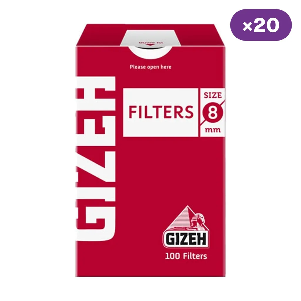 Caja roja y blanca de filtros Gizeh con las indicaciones 8 mm y 100 filtros, junto a un distintivo morado que indica 20 unidades.