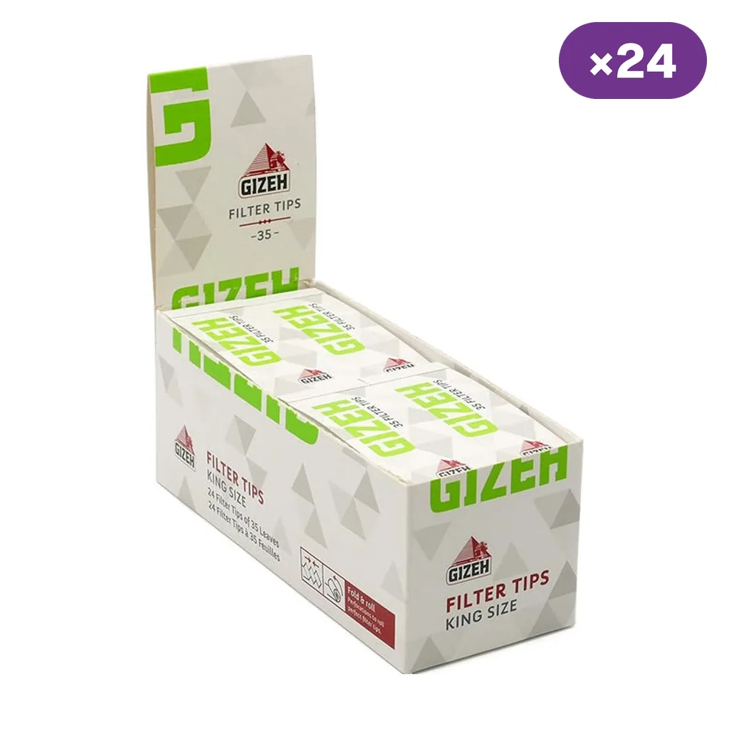Expositor abierto de filtros Gizeh Filter Tips King Size, con libritos blancos y verdes y un distintivo de 24 unidades sobre fondo blanco.
