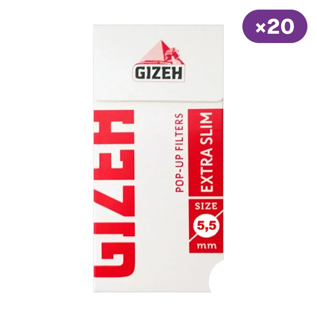 Envase blanco y rojo de filtros Gizeh Pop-Up Extra Slim de 5,5 mm, con distintivo de 20 unidades en la esquina superior.