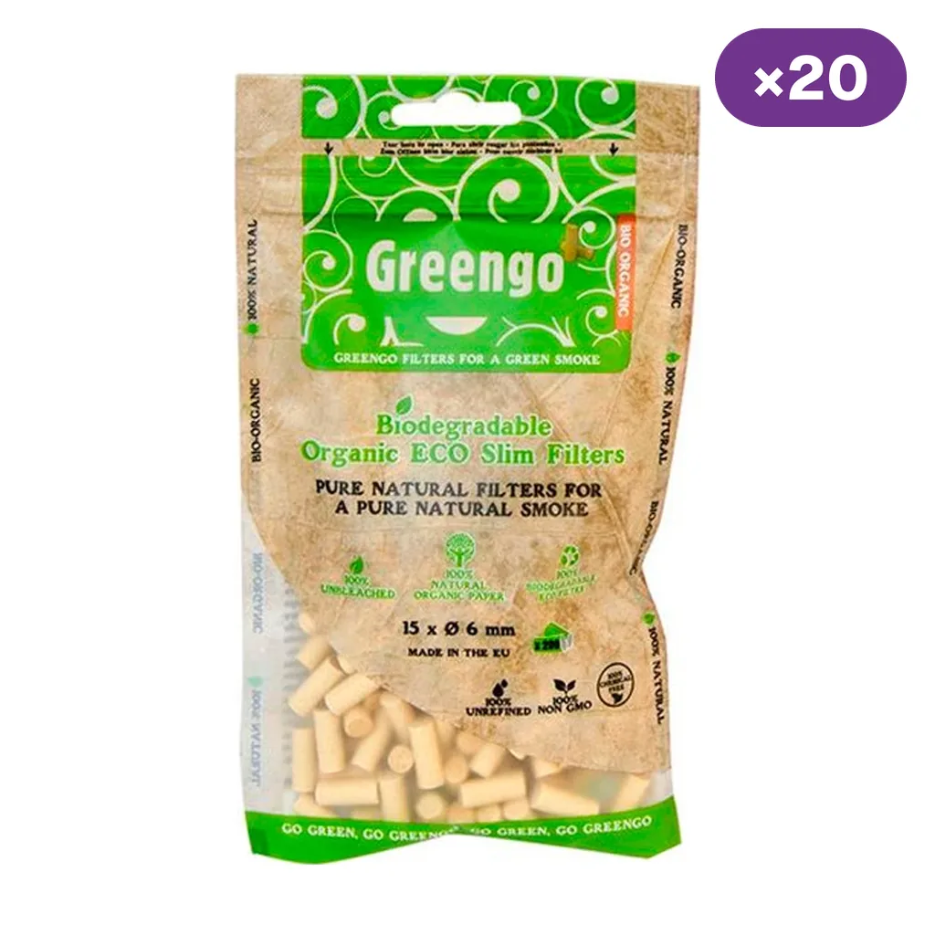 Bolsa de filtros Greengo Slim con diseño verde y marrón, filtros claros visibles en la base y distintivo de multiplicación por 20.