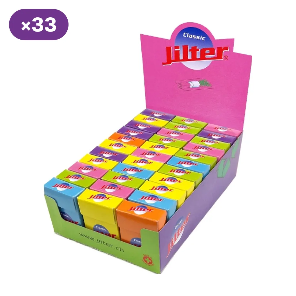 Expositor de filtros Jilter Classic con cajitas de varios colores y una cabecera rosa con el nombre de la marca.