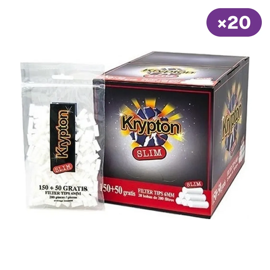 Caja expositora Krypton Slim negra y roja junto a una bolsa transparente con filtros blancos y la inscripción «150 + 50 gratis».