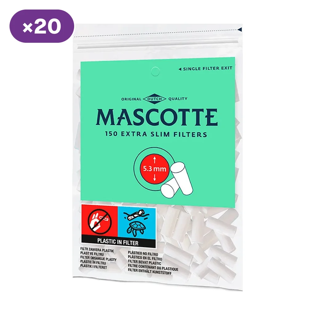 Bolsa de filtros Mascotte Extra Slim con etiqueta verde, indicaciones de 150 filtros y 5,3 mm, y distintivo de 20 unidades. Bolsa de filtros Mascotte Extra Slim con etiqueta verde, indicaciones de 150 filtros y 5,3 mm, y distintivo de 20 unidades.
