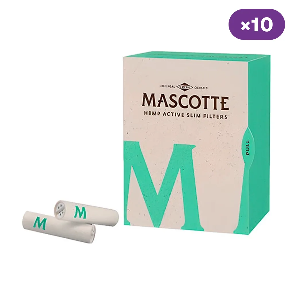 Caja beige y verde de filtros Mascotte Hemp Active Slim, con filtros blancos en primer plano y distintivo de diez unidades de venta.