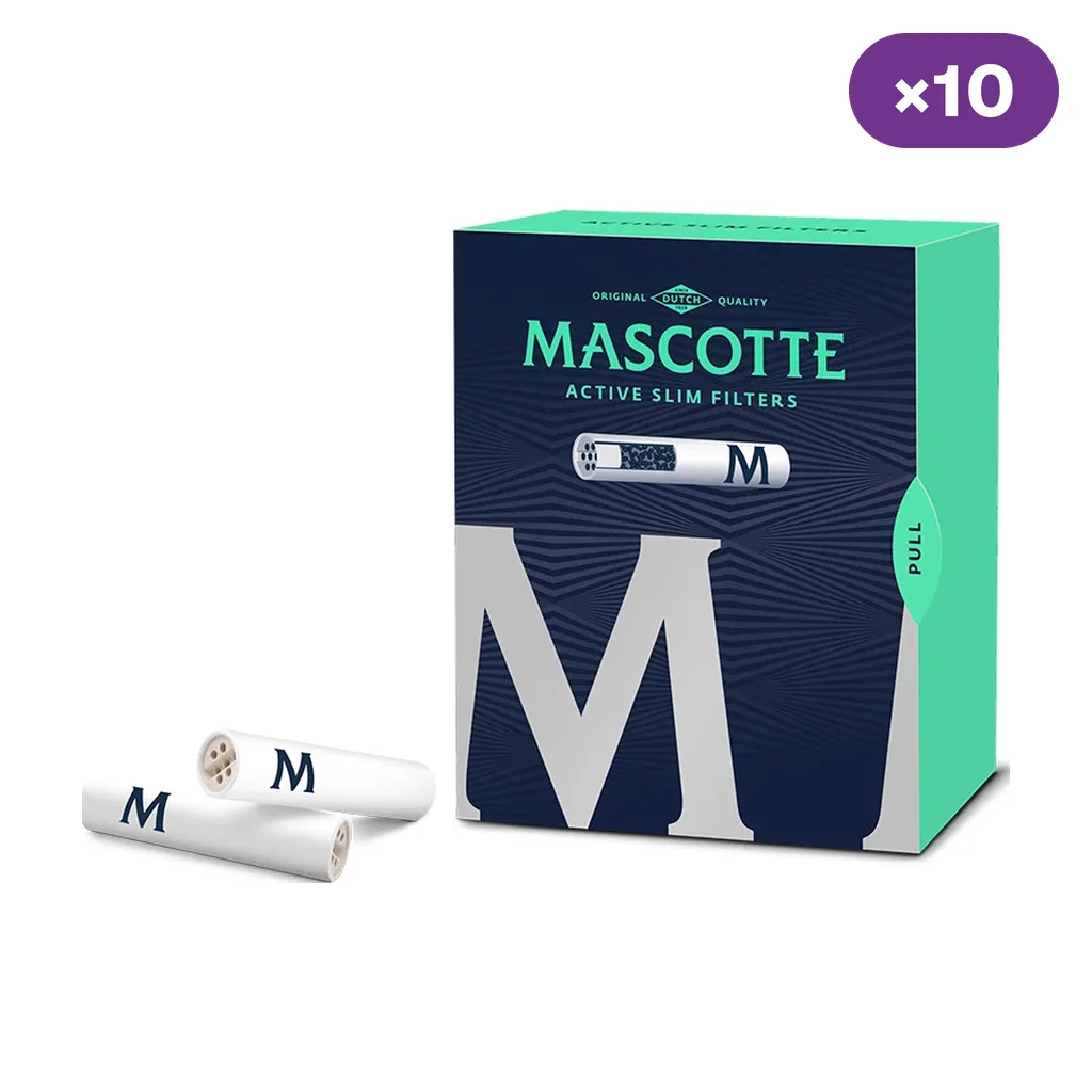 Caja azul y verde de filtros Mascotte Active Slim, con filtros blancos delante y distintivo de diez unidades en la esquina.