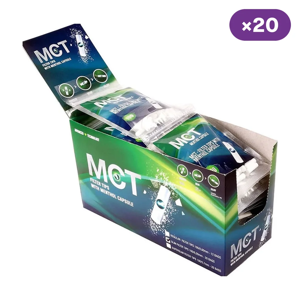 Caja expositora MCT abierta con bolsas de filtros con cápsula de mentol, diseño verde y azul e indicación de 20 unidades de venta.
