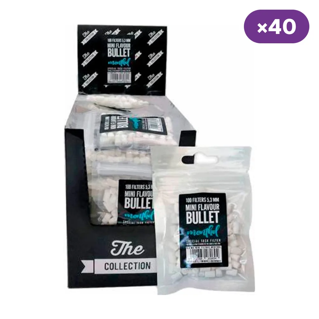 Expositor de filtros Mini Flavour Bullet mentolados con bolsas transparentes, etiquetas de 100 filtros de 5,3 mm y distintivo por 40.