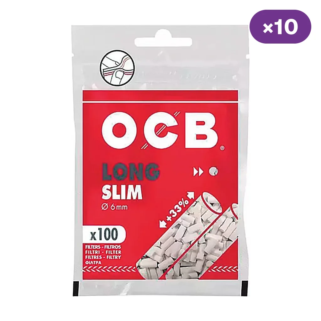 Bolsa roja y blanca de filtros OCB Long Slim, con indicaciones de 6 mm, 100 filtros y un distintivo exterior de 10 unidades.