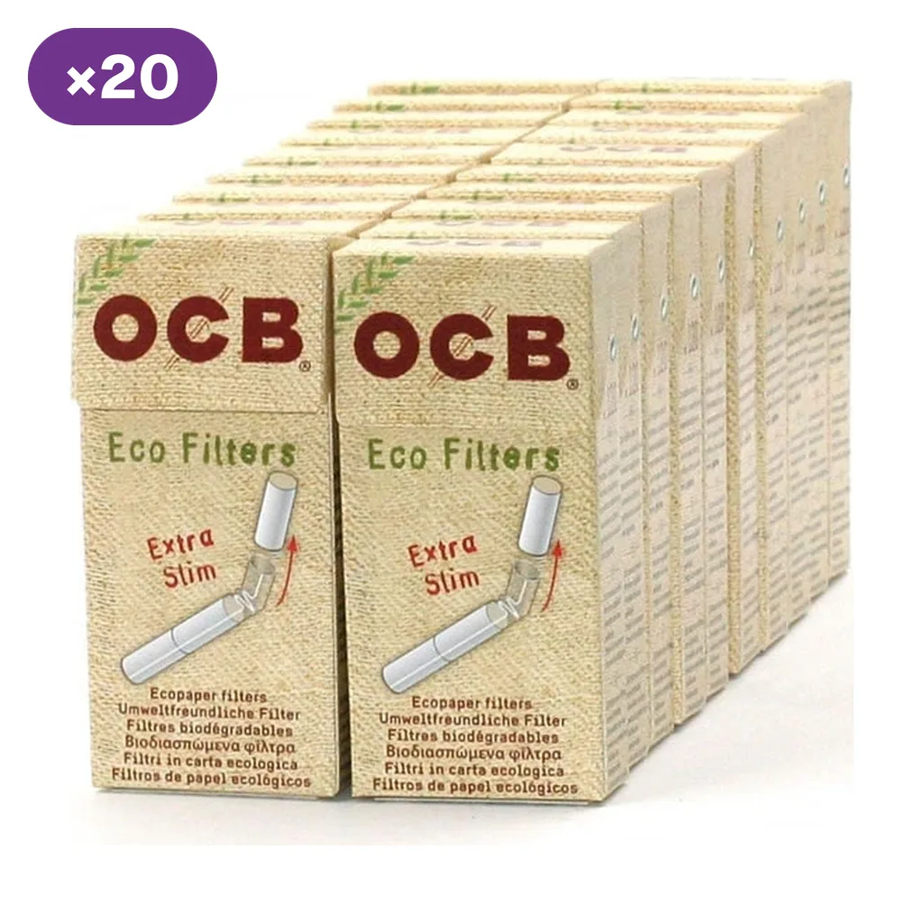 Cajas de filtros OCB Eco Filters Extra Slim dispuestas en filas, con envases beige y distintivo «×20».