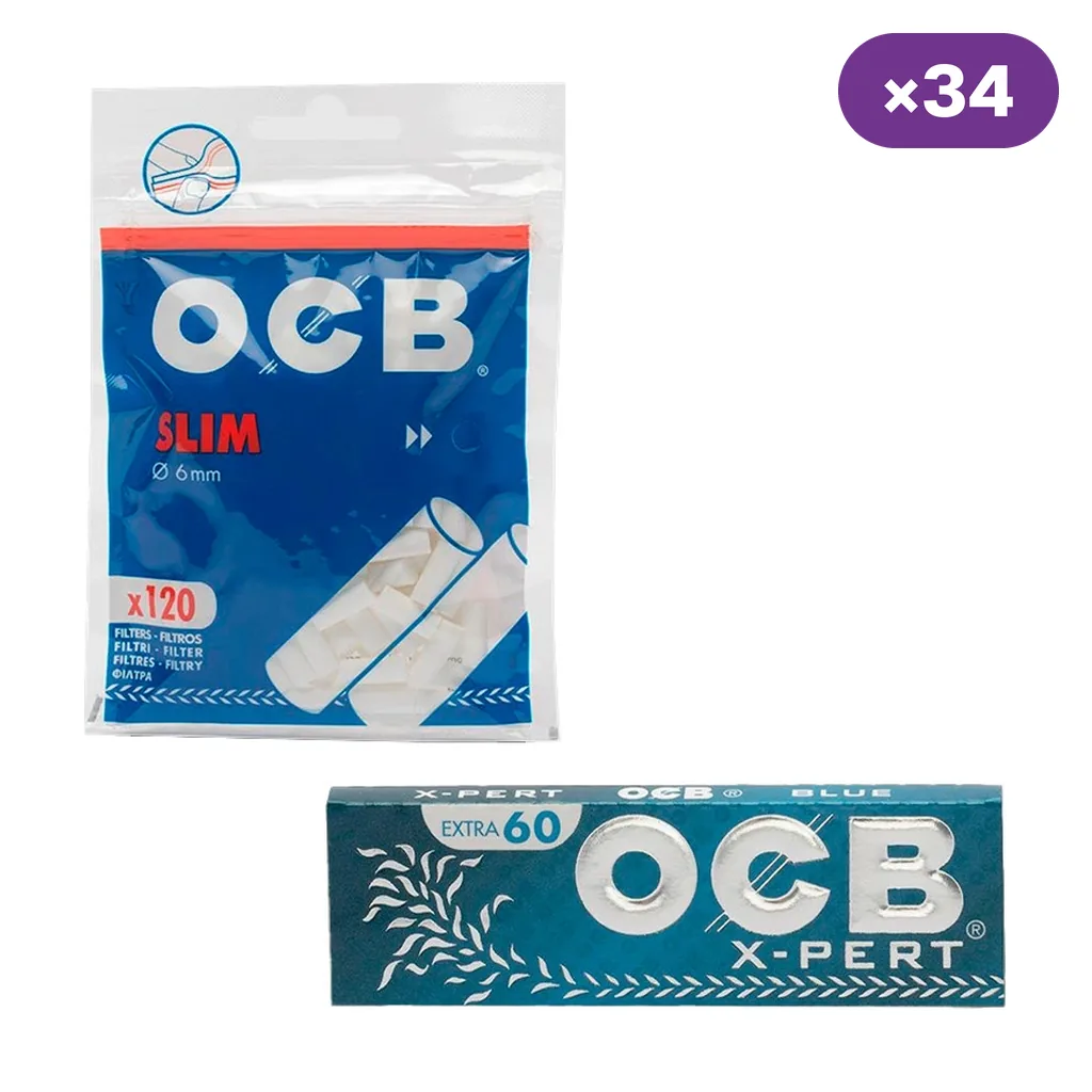 Bolsa azul de filtros OCB Slim de 6 mm con indicación de 120 filtros, junto a un librillo OCB X-Pert Blue y el distintivo «×34».