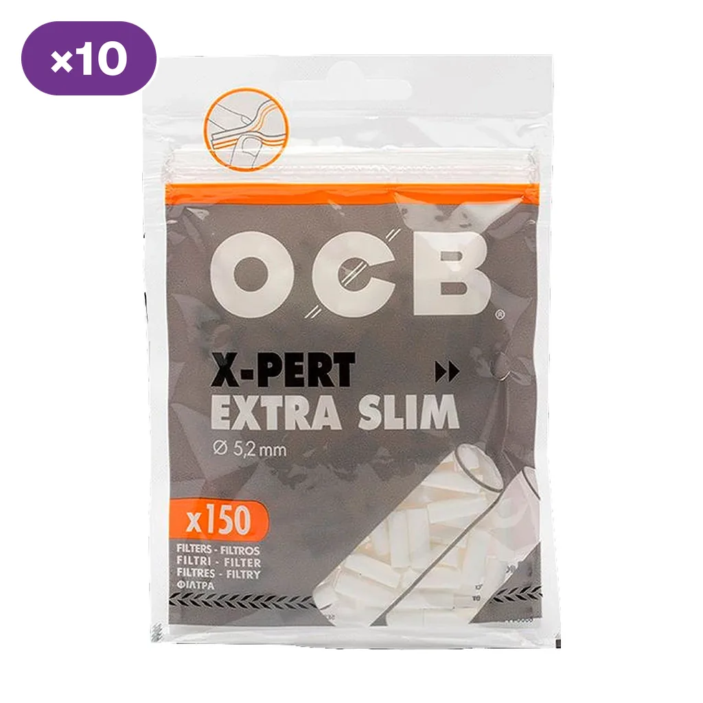 Bolsa gris de filtros OCB X-Pert Extra Slim de 5,2 mm, con filtros blancos visibles, texto de 150 unidades e indicación de diez bolsas.