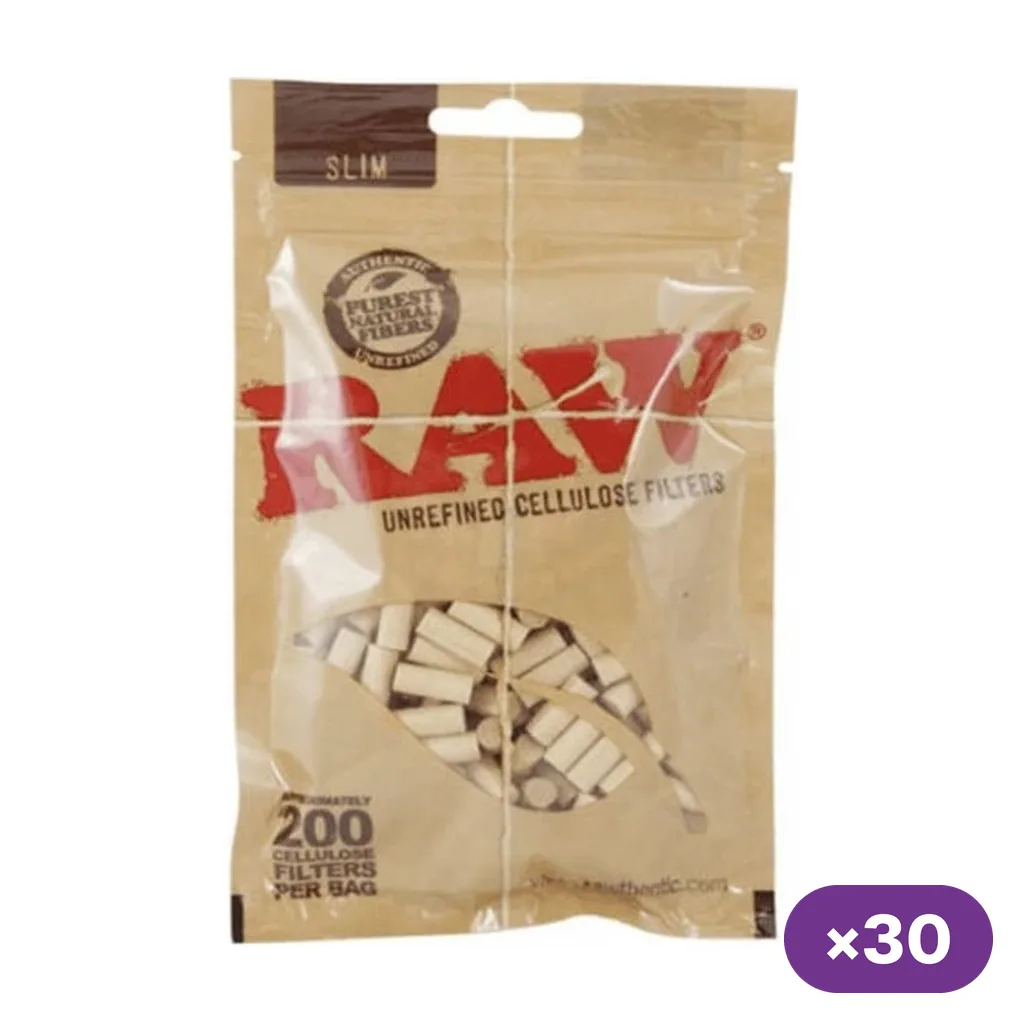 Bolsa RAW Slim de 200 filtros de celulosa, con ventana que muestra los filtros y un distintivo ×30 sobre fondo blanco.