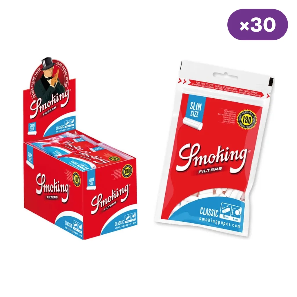 Expositor de filtros Smoking Classic con envases rojos y azules, una bolsa de 180 filtros Slim Size y distintivo ×30.