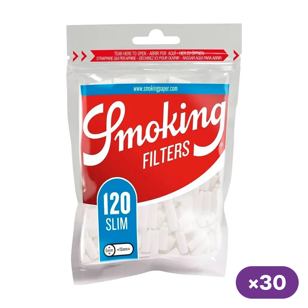 Bolsa de filtros blancos Smoking con etiqueta roja y azul, texto «120 Slim», medida de 6 mm y distintivo de 30 bolsas.