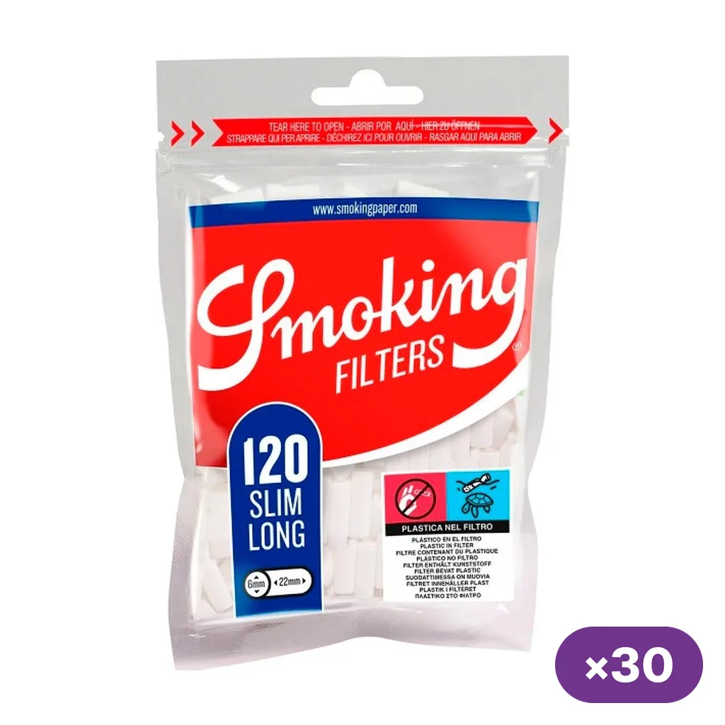 Bolsa de filtros Smoking con etiqueta roja y azul, inscripción «120 Slim Long» y distintivo «×30» sobre fondo blanco.