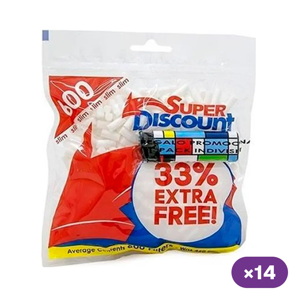 Bolsa de filtros Super Discount con mechero delante, diseño rojo y azul, texto «33% EXTRA FREE!» e indicación de 14 unidades.