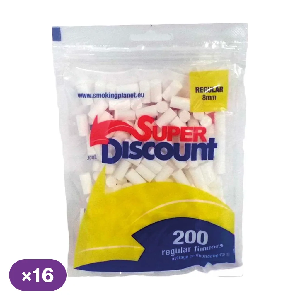 Bolsa transparente de filtros blancos Super Discount, rotulada Regular 8 mm y 200 filtros, con distintivo de 16 bolsas.