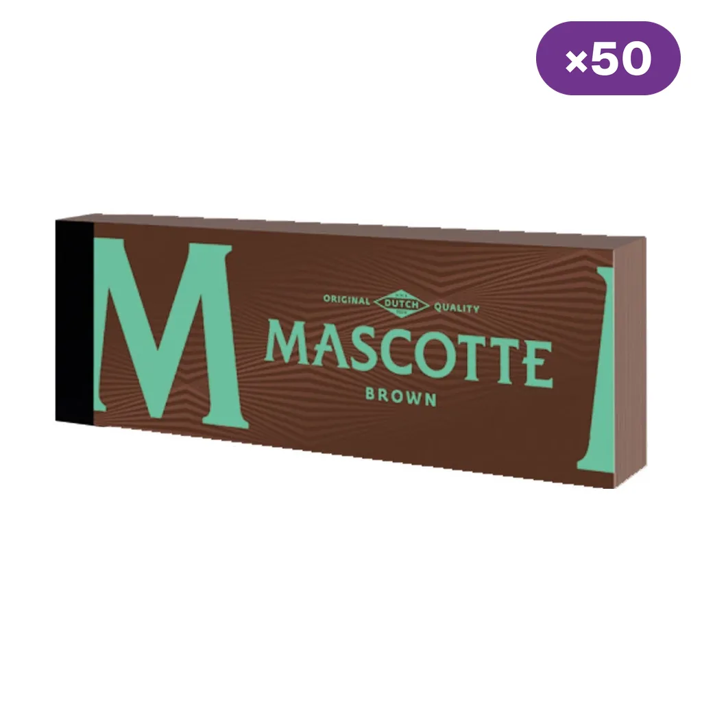 Envase rectangular Mascotte Brown de color marrón con letras verdes, sobre fondo blanco y con un distintivo «×50».