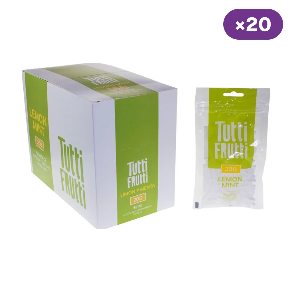 Caja y bolsa de filtros Tutti Frutti Slim Lemon Mint, con diseño blanco y verde, indicación de 200 unidades y distintivo de caja de 20.