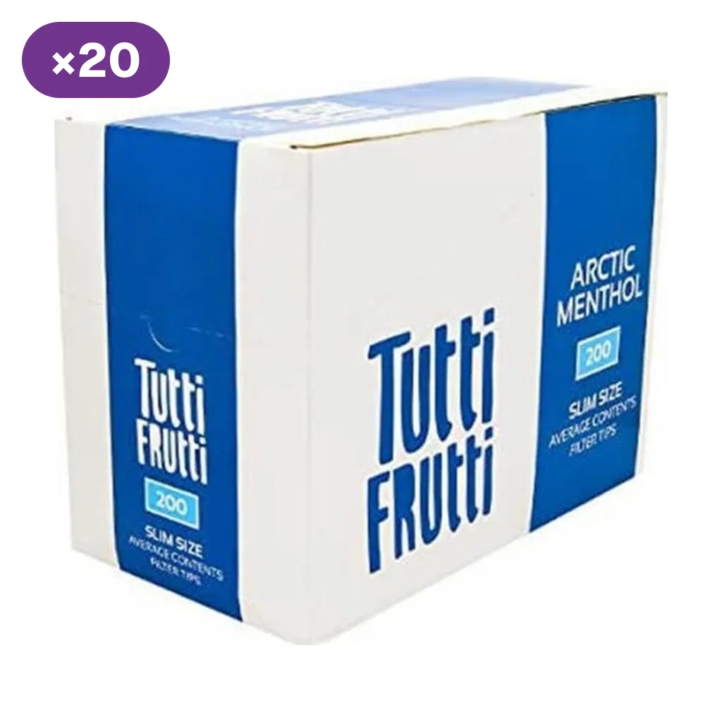 Caja blanca y azul de filtros Tutti Frutti Arctic Menthol, con las indicaciones Slim Size y 200 y un distintivo de 20 unidades.