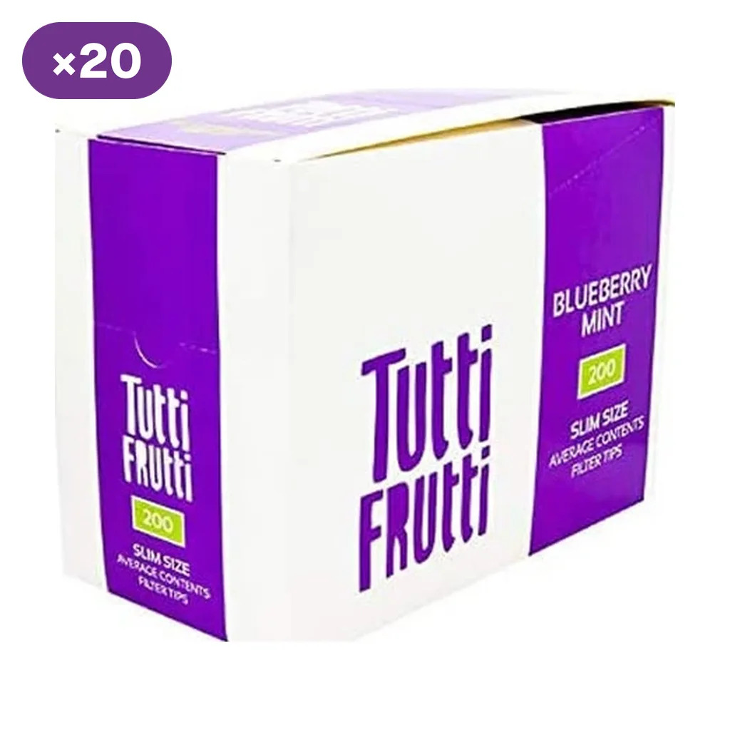 Caja blanca y morada de filtros Tutti Frutti Blueberry Mint, vista en perspectiva, con la cifra 200 y un distintivo de 20 unidades.