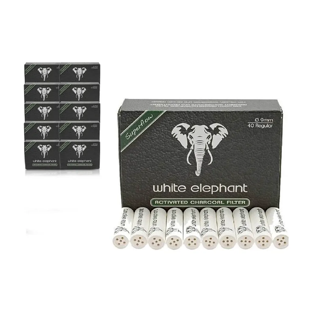Caja negra White Elephant de filtros de carbón activado de 9 mm, con filtros blancos delante y varias cajas apiladas al lado.
