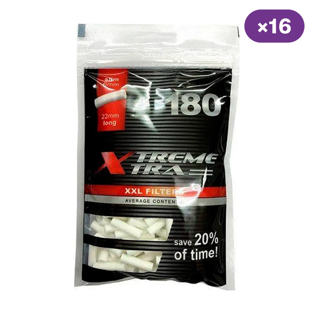 Bolsa de filtros Xtreme Xtra con diseño negro y rojo, cifra 180 y ventanas que muestran filtros blancos; distintivo de 16 unidades.