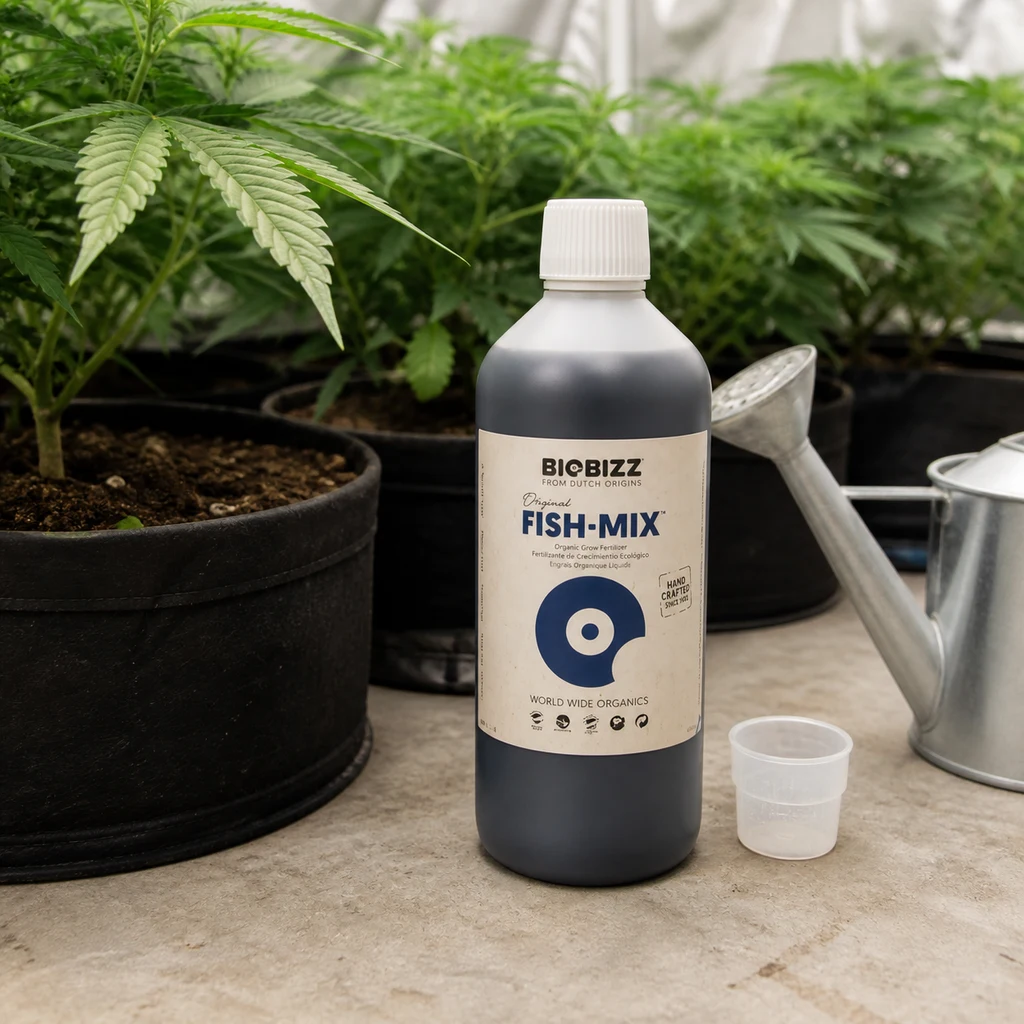 Botella de BioBizz Fish·Mix con tapón blanco junto a un vaso dosificador, una regadera y plantas de cannabis en macetas.