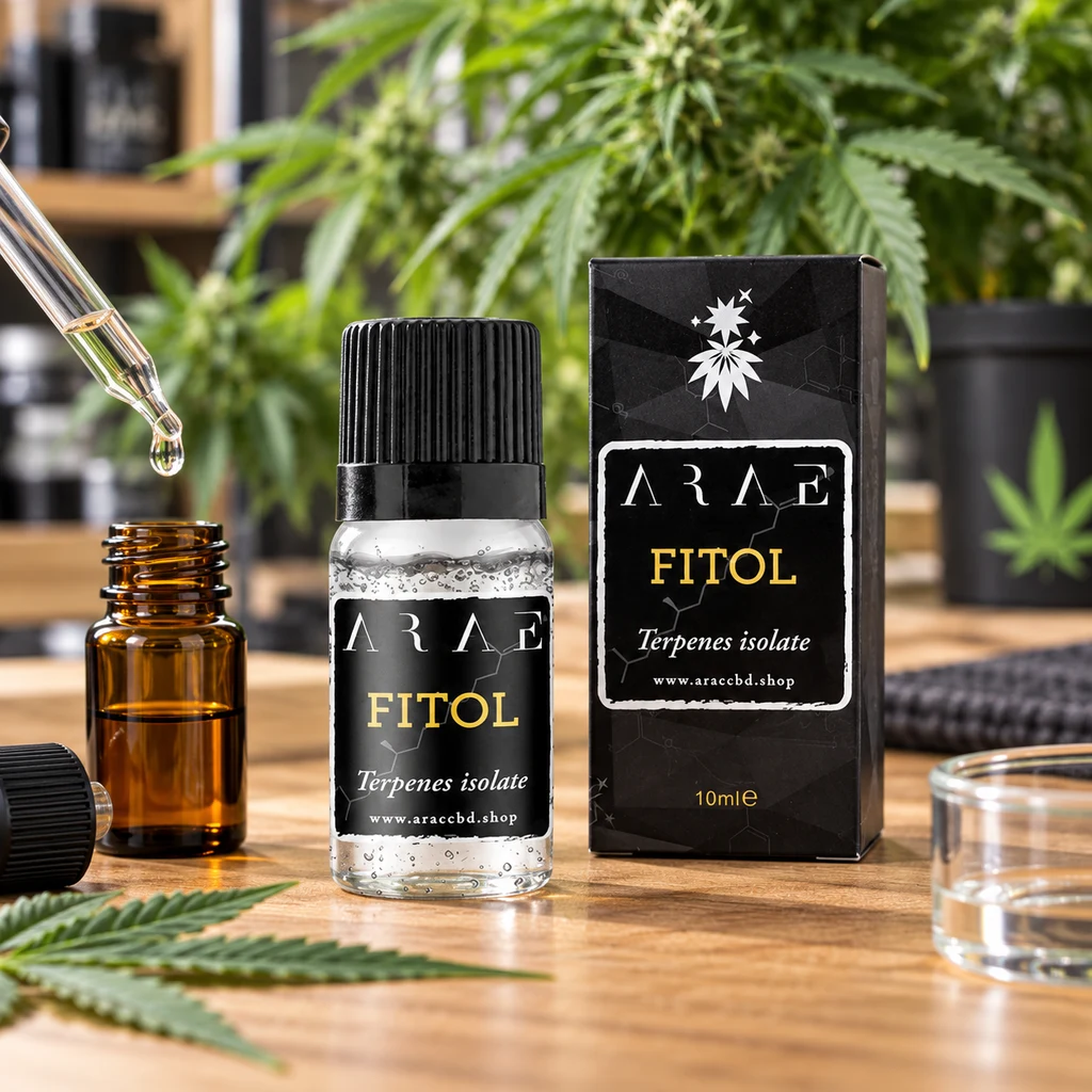 Frasco de Fitol con tapón negro y su caja sobre una mesa, junto a una pipeta con una gota, un frasco ámbar y plantas de cannabis al fondo.